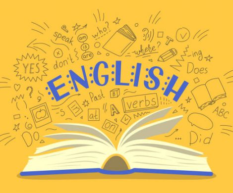 English. Open book with language hand drawn doodles and lettering on yellow background. Education vector illustration.